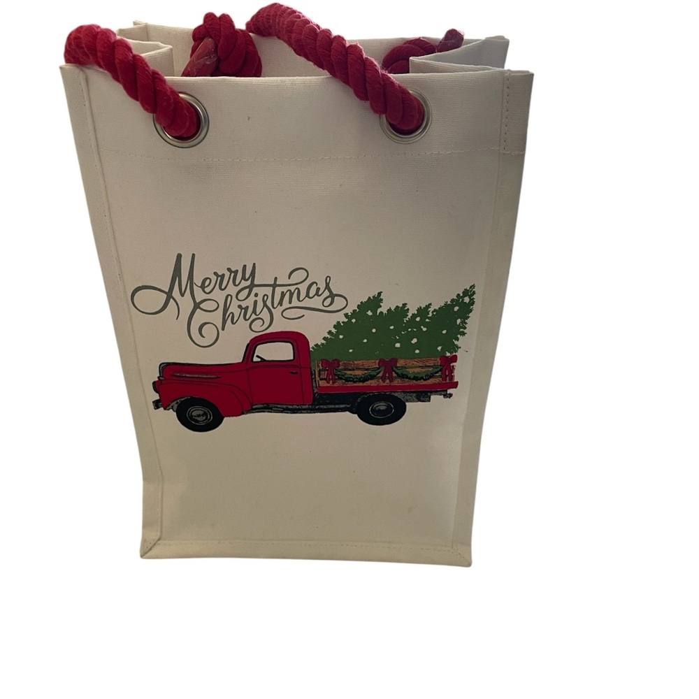 Festive Canvas Tote with Red Truck and Christmas Tree